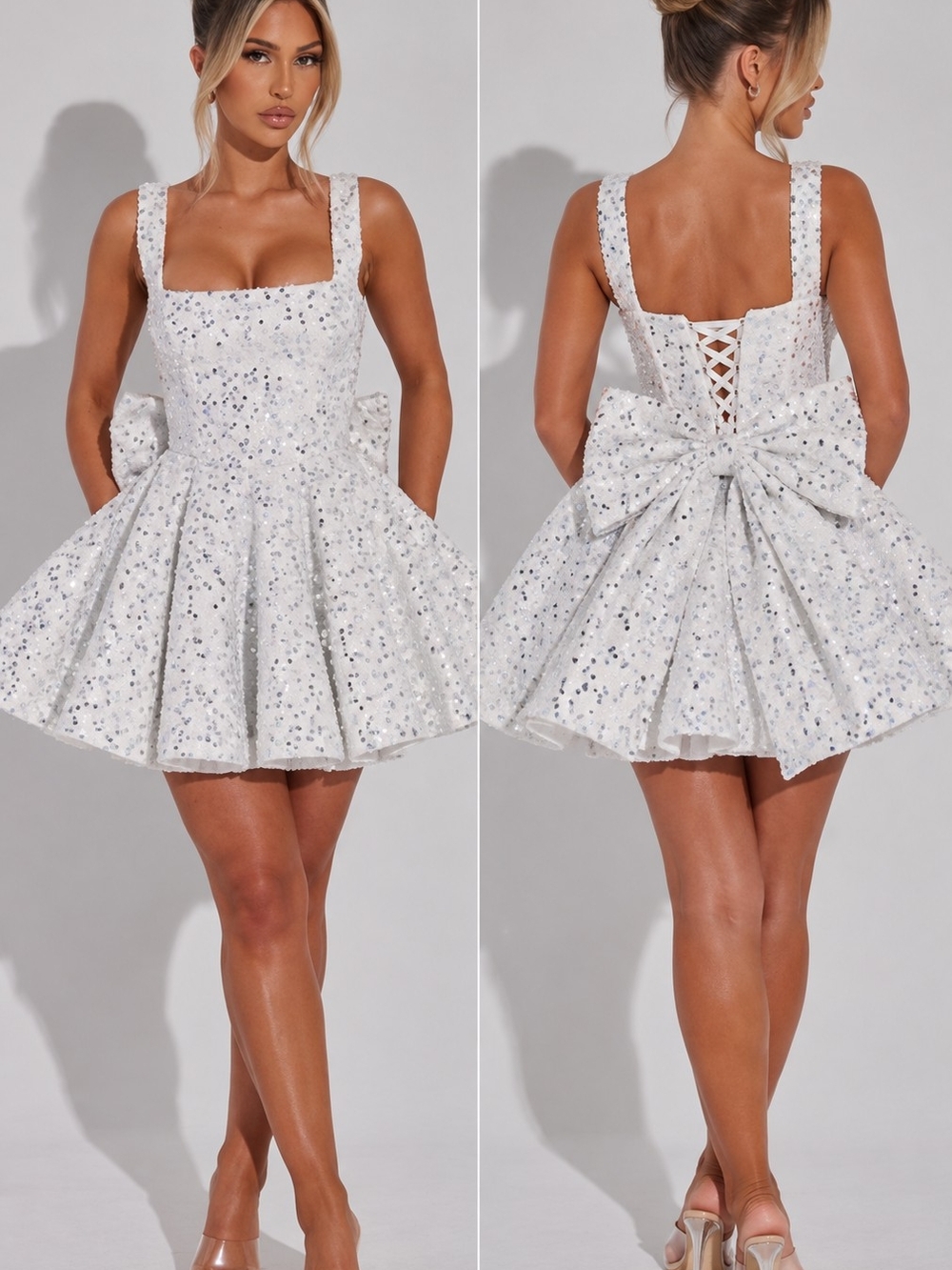 WHITE Silver Sequin Short Mini Dress 10 Bow Skater Prom Homecoming HoCo Dance M